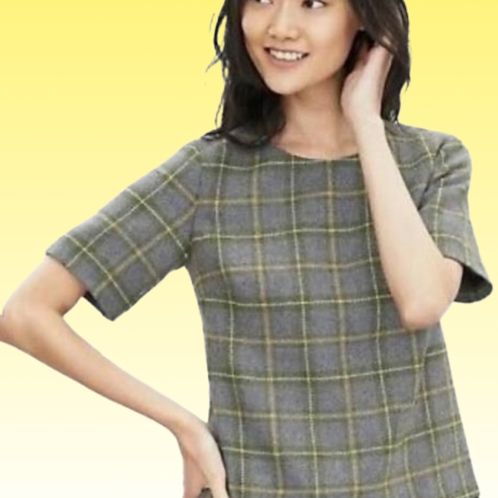 Banana Republic Wool Blend Plaid Tartan Tweed Lined Blouse With Black Lace L
